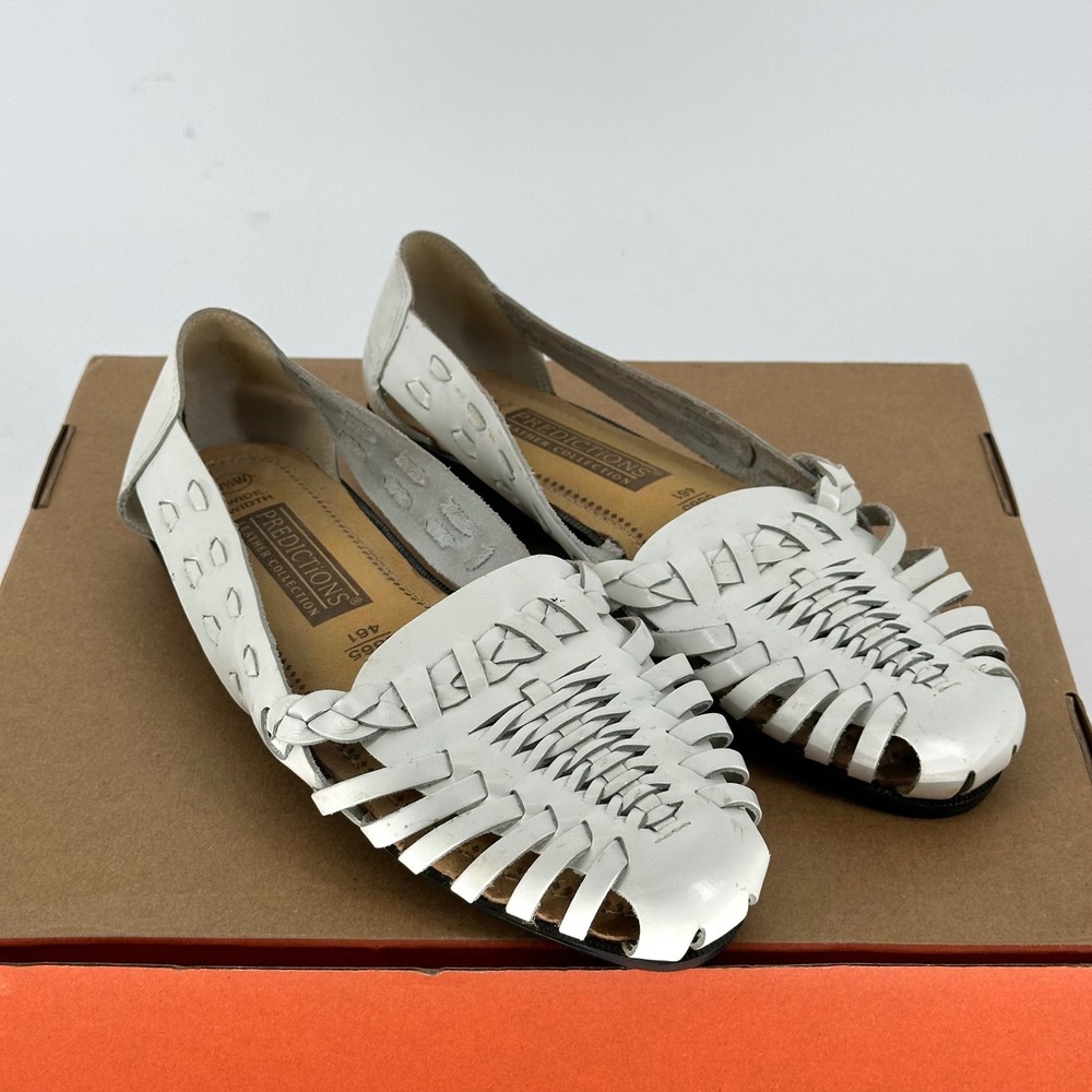 Predictions White Leather Woven Huarache Braided Flat Women's 9.5 W Boho Summer